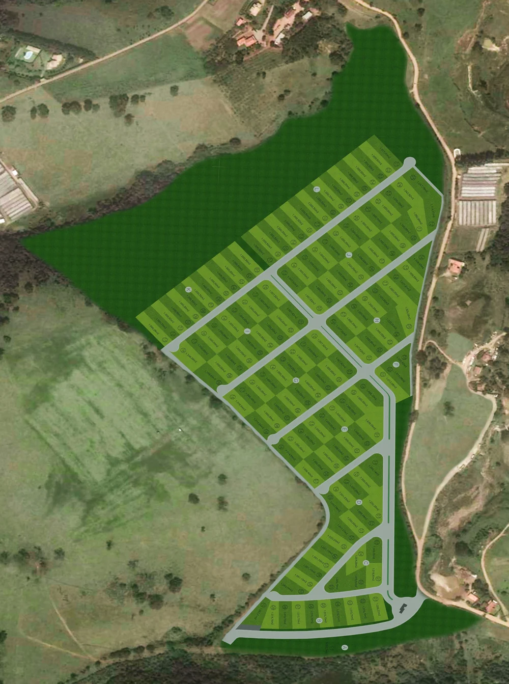Implantação dos lotes do Residencial Eldorado sobre imagem aérea