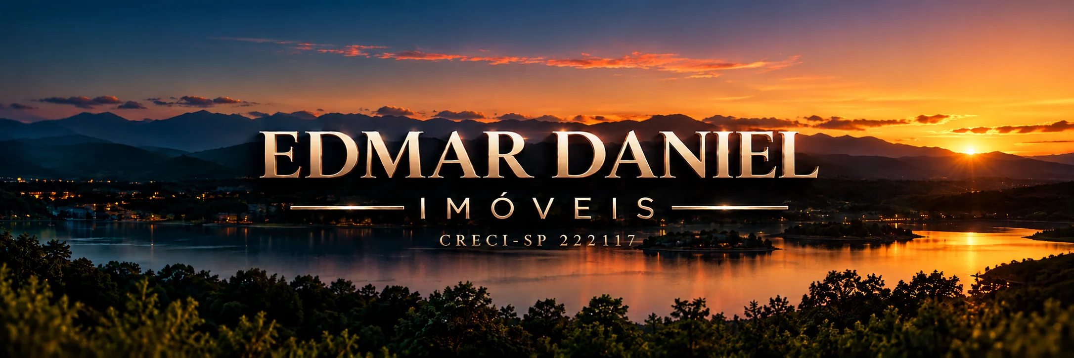 Edmar Daniel Imóveis · CRECI-SP 222117, marca sobre uma paisagem ao entardecer